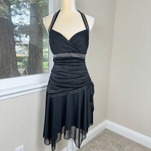 Vintage Trixxi Y2K Party Dress XL Black Halter Backless Ruched Romantic Fairy